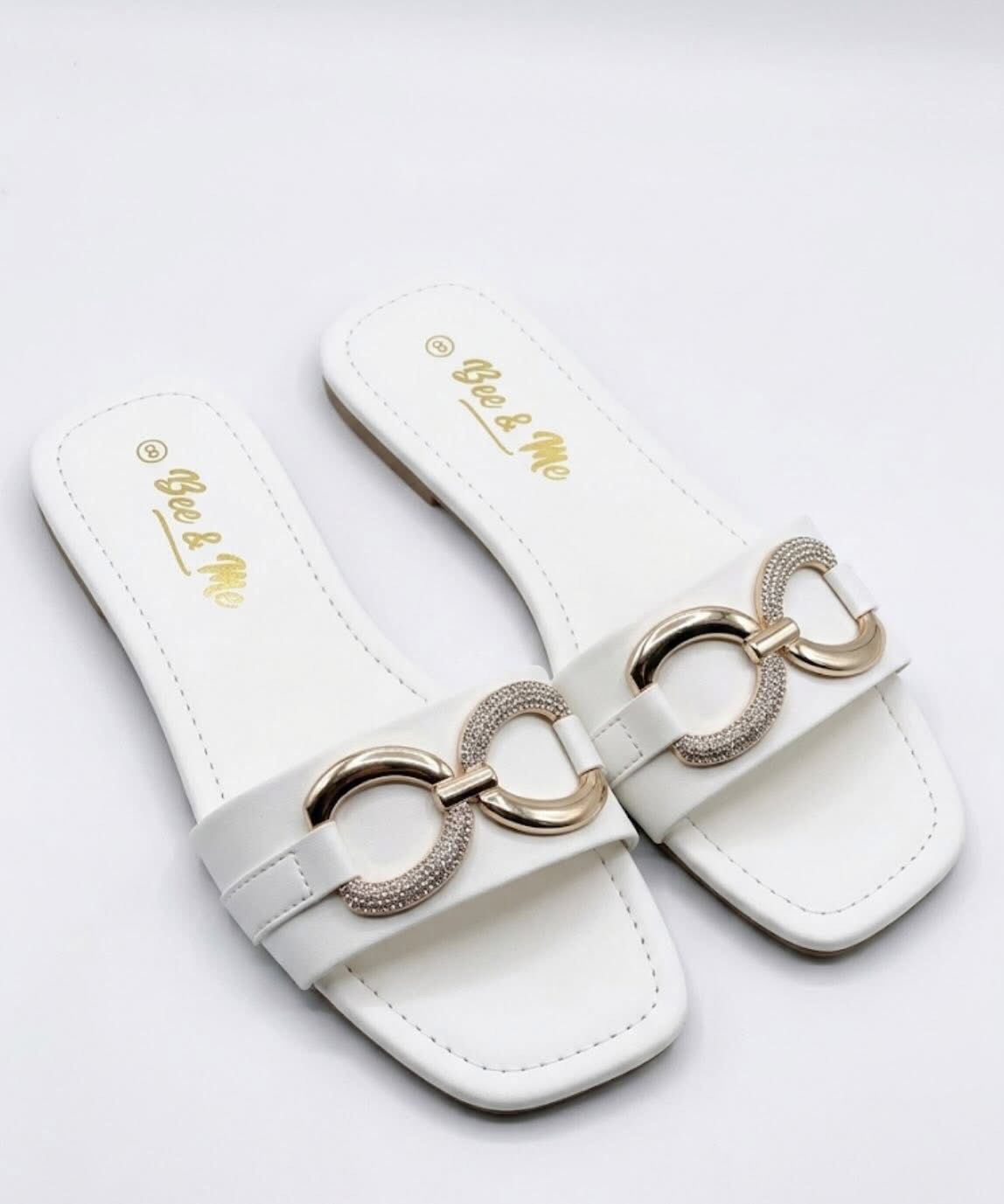 Bee & Me White Embellished Horsebit Slide Sandals